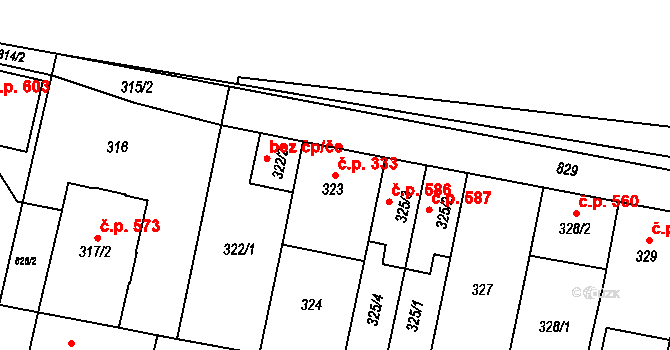 Doudlevce 333, Plzeň na parcele st. 323 v KÚ Doudlevce, Katastrální mapa