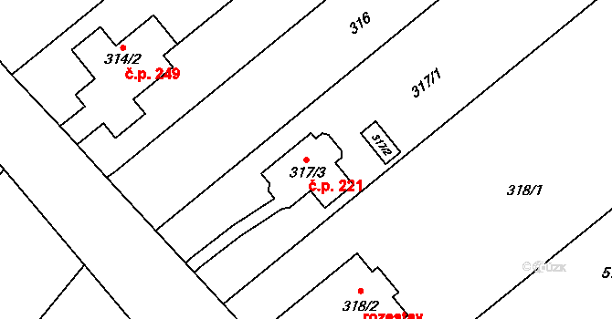 Postoupky 221, Kroměříž na parcele st. 317/3 v KÚ Miňůvky, Katastrální mapa
