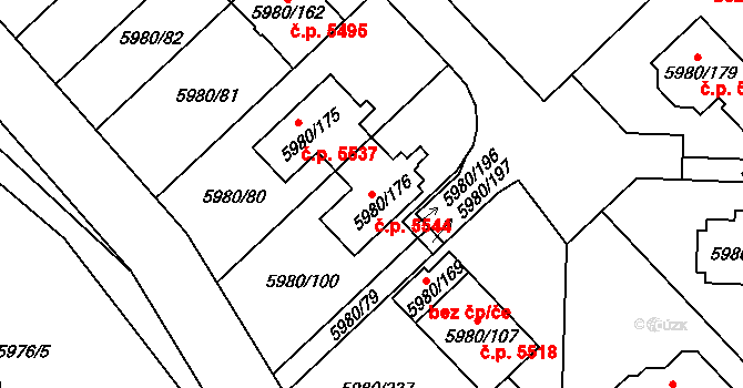Chomutov 5544 na parcele st. 5980/176 v KÚ Chomutov I, Katastrální mapa