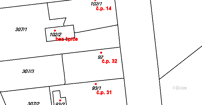 Bratronice 32, Smilovice na parcele st. 92 v KÚ Bratronice u Luštěnic, Katastrální mapa