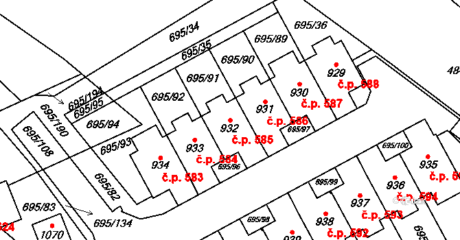Kryry 585 na parcele st. 932 v KÚ Kryry, Katastrální mapa