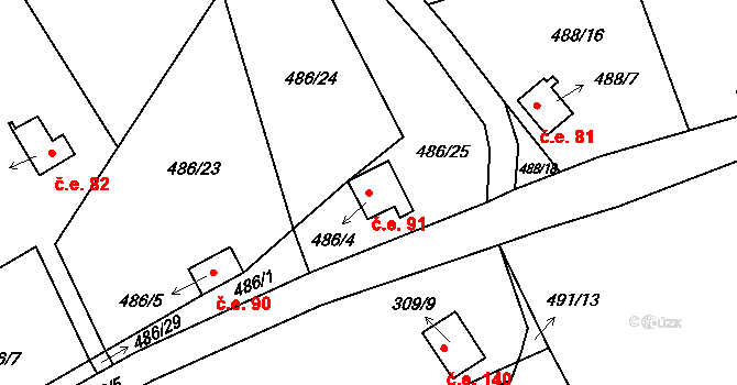 Kunětice 91 na parcele st. 486/4 v KÚ Kunětice, Katastrální mapa