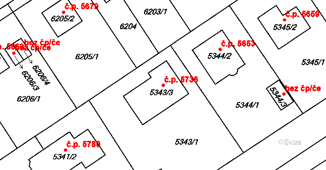 Chomutov 5736 na parcele st. 5343/3 v KÚ Chomutov I, Katastrální mapa