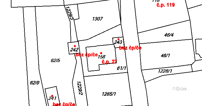 Chodovská Huť 27, Tři Sekery na parcele st. 158 v KÚ Chodovská Huť, Katastrální mapa