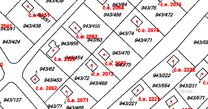 Velká Chuchle 2073, Praha na parcele st. 943/73 v KÚ Velká Chuchle, Katastrální mapa