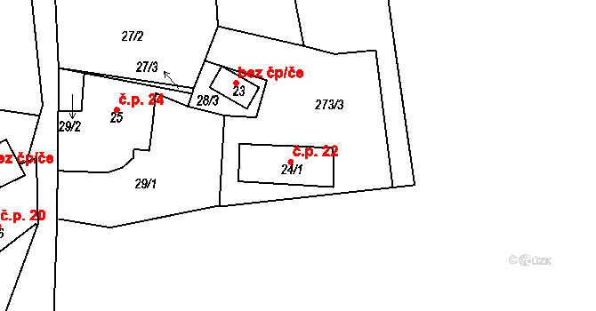 Pivonice 22, Bystřice nad Pernštejnem na parcele st. 24/1 v KÚ Pivonice u Lesoňovic, Katastrální mapa