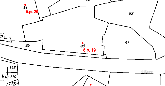 Prosetín 19 na parcele st. 90 v KÚ Prosetín u Bystřice nad Pernštejnem, Katastrální mapa