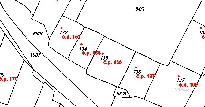Byšice 136 na parcele st. 135 v KÚ Byšice, Katastrální mapa