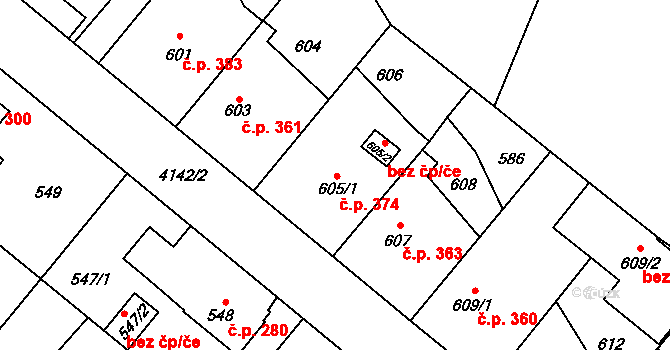 Jakubské Předměstí 374, Jaroměř na parcele st. 605/1 v KÚ Jaroměř, Katastrální mapa
