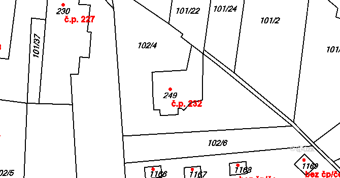 Rosice 232, Pardubice na parcele st. 249 v KÚ Rosice nad Labem, Katastrální mapa