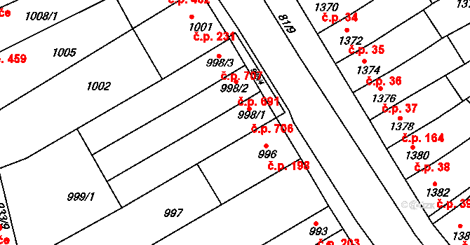 Obřany 706, Brno na parcele st. 998/1 v KÚ Obřany, Katastrální mapa