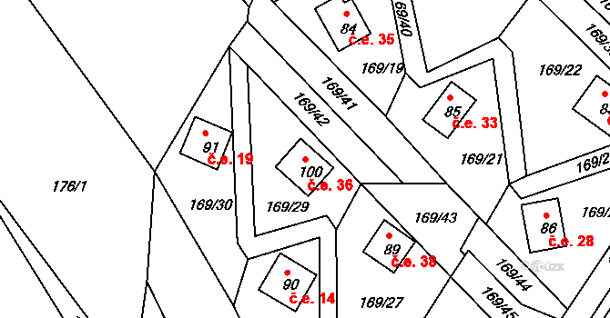 Pivonín 36, Zábřeh na parcele st. 100 v KÚ Pivonín, Katastrální mapa