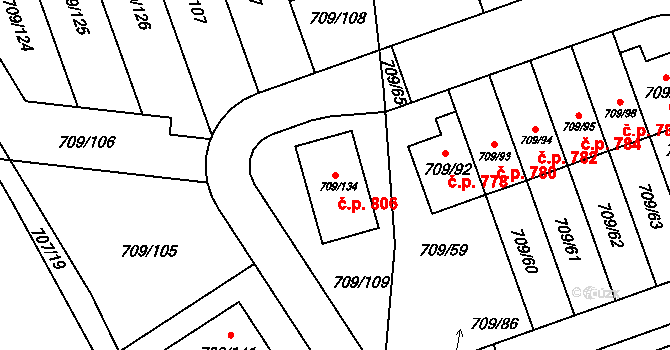 Poříčí 806, Boršov nad Vltavou na parcele st. 709/134 v KÚ Boršov nad Vltavou, Katastrální mapa