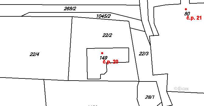Domašín 20, Dobruška na parcele st. 149 v KÚ Domašín u Dobrušky, Katastrální mapa