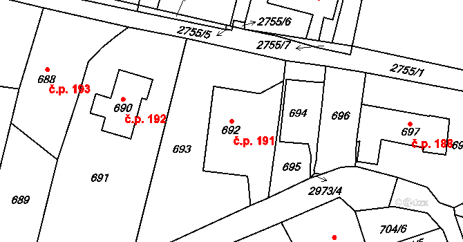 Dobruška 191 na parcele st. 692 v KÚ Dobruška, Katastrální mapa