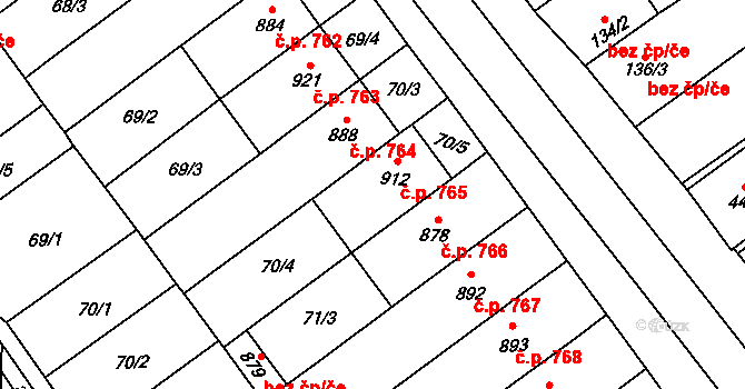 Rakvice 765 na parcele st. 912 v KÚ Rakvice, Katastrální mapa