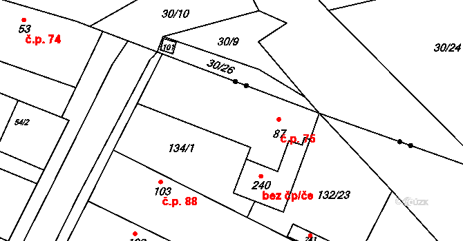 Běrunice 75 na parcele st. 87 v KÚ Běrunice, Katastrální mapa