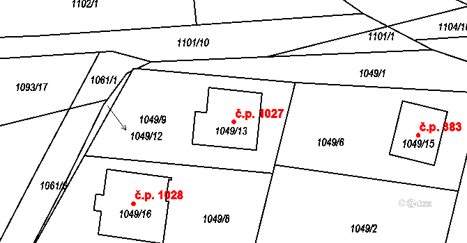 Zruč nad Sázavou 1027 na parcele st. 1049/13 v KÚ Zruč nad Sázavou, Katastrální mapa