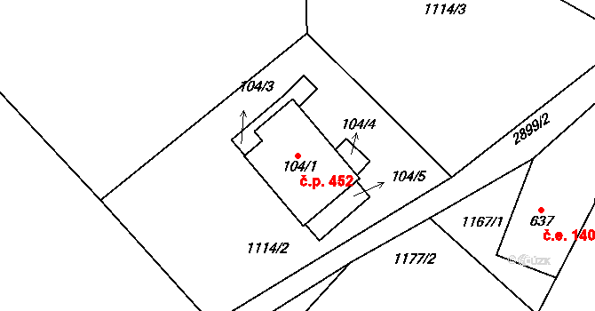 Kořenov 452 na parcele st. 104/1 v KÚ Polubný, Katastrální mapa