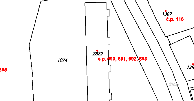 Židlochovice 690,691,692,693 na parcele st. 2822 v KÚ Židlochovice, Katastrální mapa