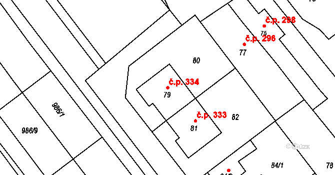 Šaratice 334 na parcele st. 79 v KÚ Šaratice, Katastrální mapa