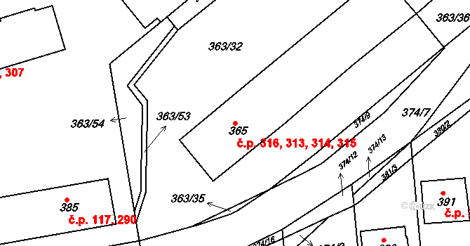 Rousínov 313,314,315,316 na parcele st. 365 v KÚ Rousínov u Vyškova, Katastrální mapa