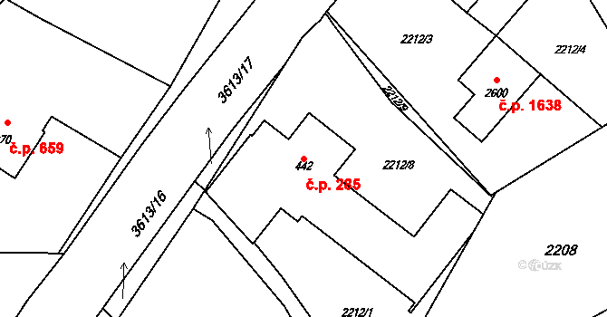 Rožnov pod Radhoštěm 285 na parcele st. 442 v KÚ Rožnov pod Radhoštěm, Katastrální mapa