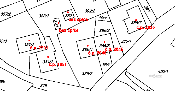 Rožnov pod Radhoštěm 2046 na parcele st. 386/4 v KÚ Tylovice, Katastrální mapa