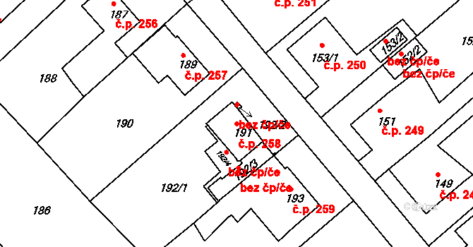 Miřetice u Klášterce nad Ohří 258, Klášterec nad Ohří na parcele st. 191 v KÚ Miřetice u Klášterce nad Ohří, Katastrální mapa