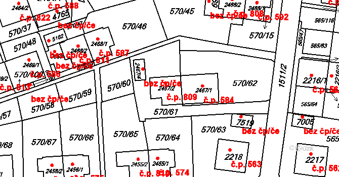 Borovina 809, Třebíč na parcele st. 2467/2 v KÚ Třebíč, Katastrální mapa