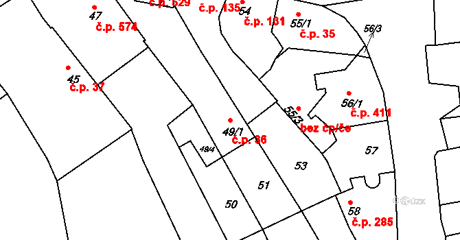 Jarošov 36, Uherské Hradiště na parcele st. 49/1 v KÚ Jarošov u Uherského Hradiště, Katastrální mapa