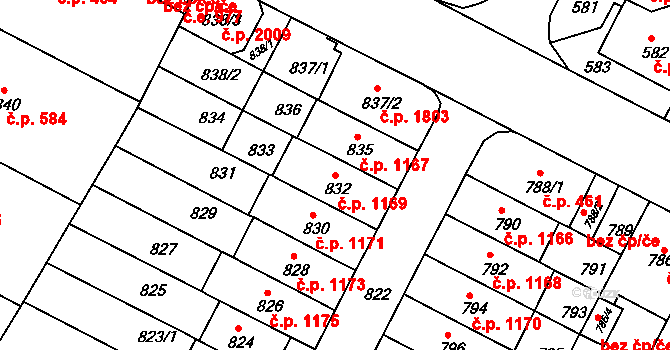 Černá Pole 1169, Brno na parcele st. 832 v KÚ Černá Pole, Katastrální mapa