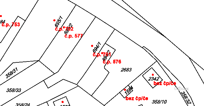 Pacov 576 na parcele st. 694/2 v KÚ Pacov, Katastrální mapa