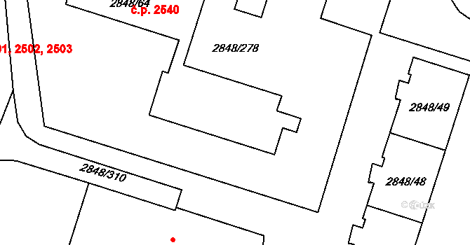 Záběhlice 2540, Praha na parcele st. 2848/64 v KÚ Záběhlice, Katastrální mapa