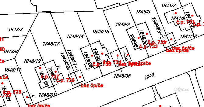 Podolí 734, Praha na parcele st. 1848/29 v KÚ Podolí, Katastrální mapa