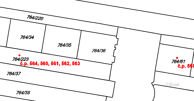 Jinonice 560,561,562,563,564, Praha na parcele st. 764/36 v KÚ Jinonice, Katastrální mapa