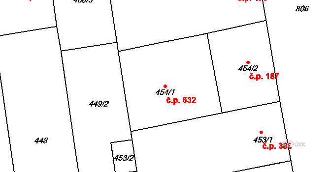 Karlín 632, Praha na parcele st. 454/1 v KÚ Karlín, Katastrální mapa