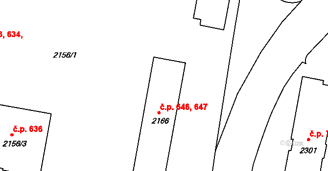 České Budějovice 3 646,647, České Budějovice na parcele st. 2166 v KÚ České Budějovice 3, Katastrální mapa