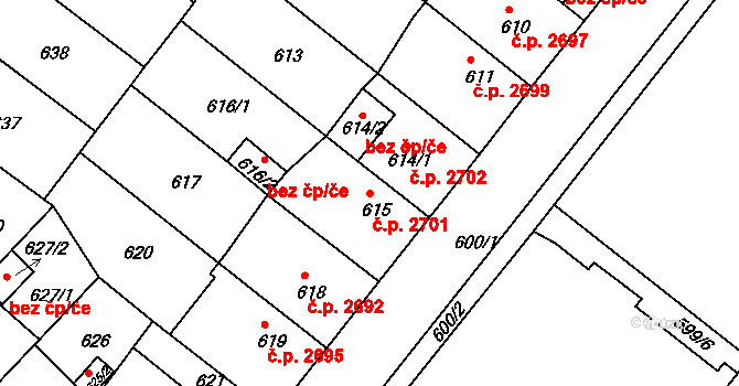 Chomutov 2701 na parcele st. 615 v KÚ Chomutov II, Katastrální mapa