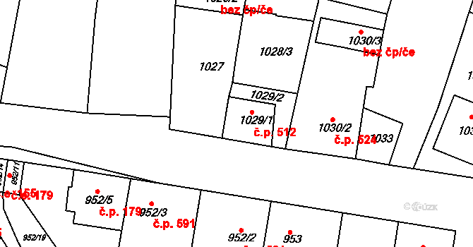 Blučina 512 na parcele st. 1029/1 v KÚ Blučina, Katastrální mapa