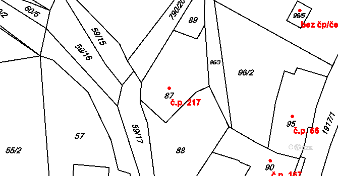 Horní Jasenka 217, Vsetín na parcele st. 87 v KÚ Jasenka, Katastrální mapa
