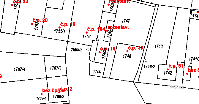 Nová Hospoda 18, Plzeň na parcele st. 1749/1 v KÚ Skvrňany, Katastrální mapa