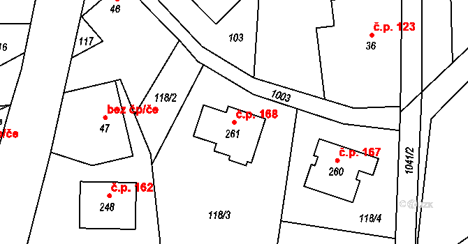 Hostice 168, Ruda nad Moravou na parcele st. 261 v KÚ Hostice, Katastrální mapa