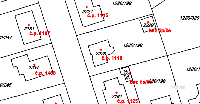 Dobřany 1116 na parcele st. 2228 v KÚ Dobřany, Katastrální mapa