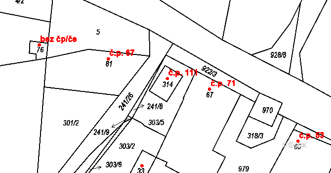 Malé Přílepy 111, Chyňava na parcele st. 314 v KÚ Malé Přílepy, Katastrální mapa