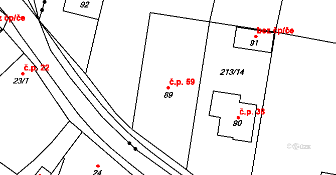Bačice 59 na parcele st. 89 v KÚ Bačice, Katastrální mapa