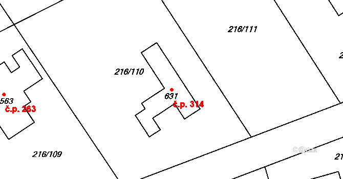 Řitka 314 na parcele st. 631 v KÚ Řitka, Katastrální mapa
