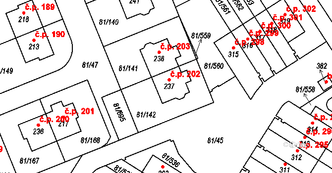 Nupaky 202 na parcele st. 237 v KÚ Nupaky, Katastrální mapa