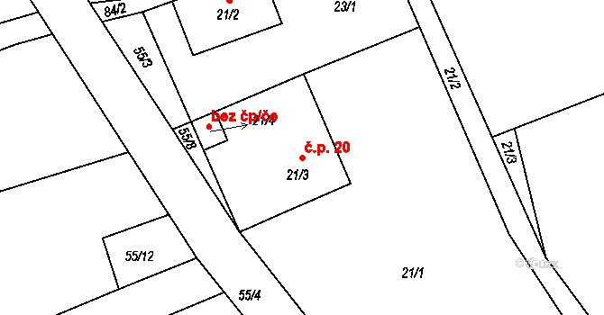 Rohanov 20, Chroboly na parcele st. 21/3 v KÚ Rohanov u Prachatic, Katastrální mapa