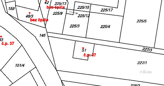 Bilina 37, Veselíčko na parcele st. 51 v KÚ Bilina, Katastrální mapa